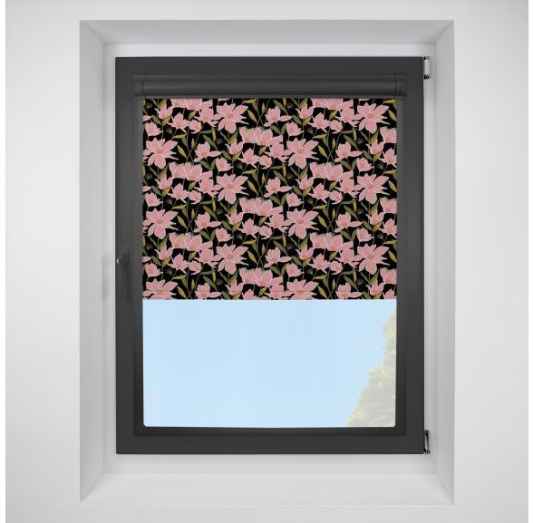 Azalea blackout Pink Perfect Fit Roller Motorised Blind with Black Frame