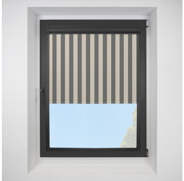 Brighton Stripe Blackout Charcoal Perfect Fit Roller Motorised Blind with Black Frame