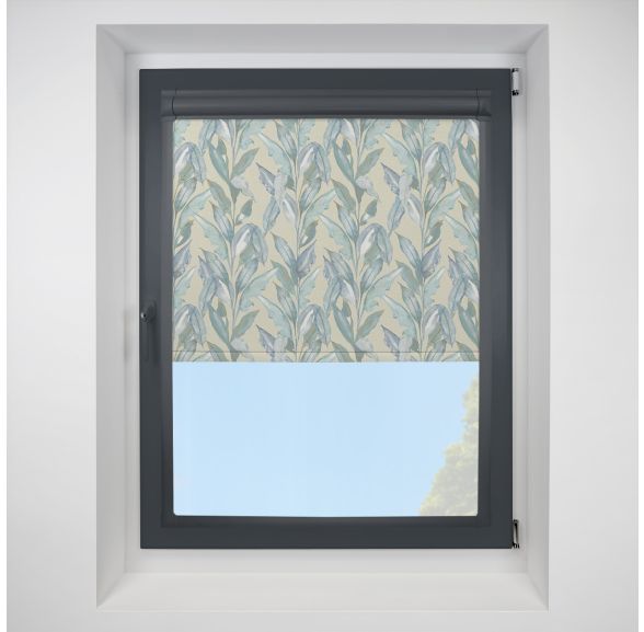 Paradise Palm Blackout Blue Perfect Fit Roller Motorised Blind with Anthracite Frame