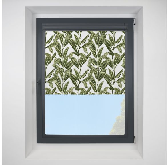 Tropical Palm BlackoutAlohan Perfect Fit Roller Motorised Blind with Anthracite Frame