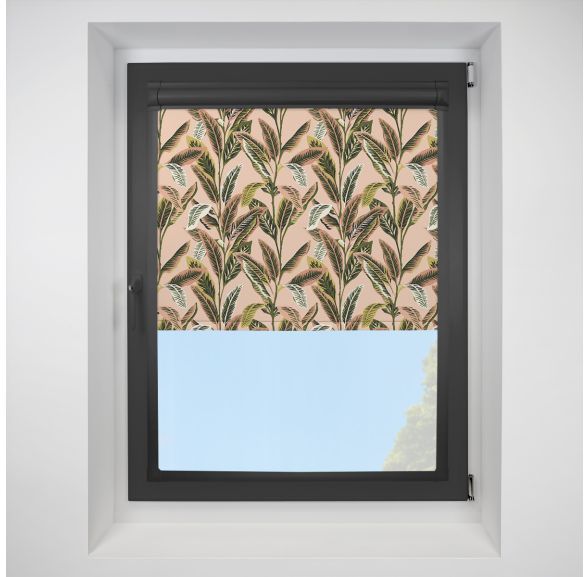 Tropical Palm BlackoutFiesta Perfect Fit Roller Motorised Blind with Black Frame