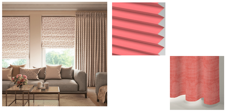 Pink and red roman blinds, pleated blinds and curtains